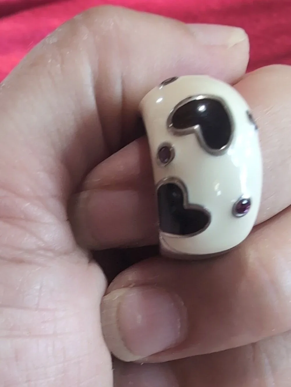 White Enamel Heart Ring with Black Hearts